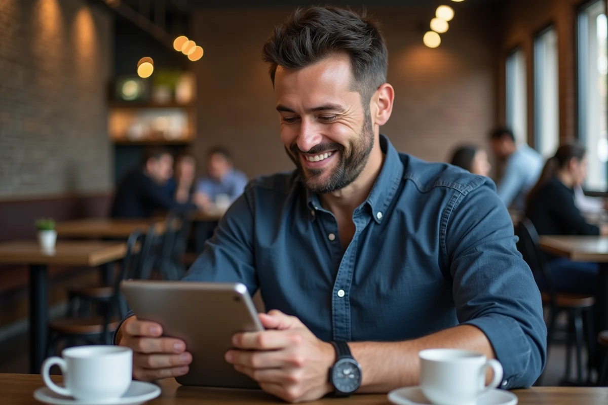 Homme utilisant une tablette dans un café pour accéder aux services municipaux en ligne MyCitya