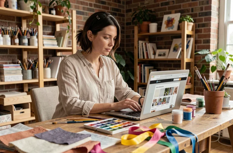 Femme parcourant le site Creavea sur un ordinateur portable dans un atelier créatif fait maison, entouré de fournitures artistiques colorées