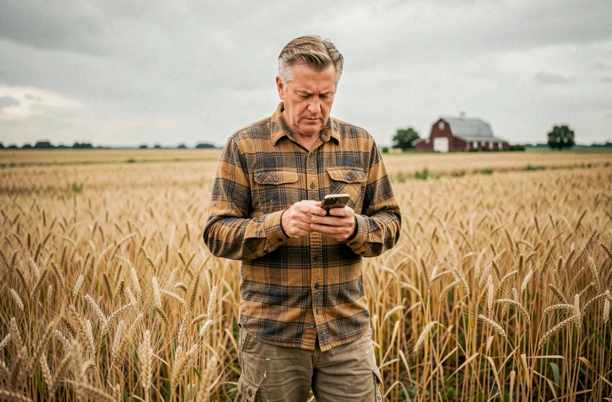 Agriculteur consultant son smartphone dans un champ de blé pour contacter une équipe spécialisée en agriculture