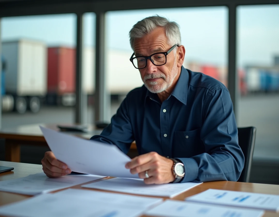 Responsable logistique analysant les documents de coût de transport routier dans un bureau avec vue sur un dépôt de camions