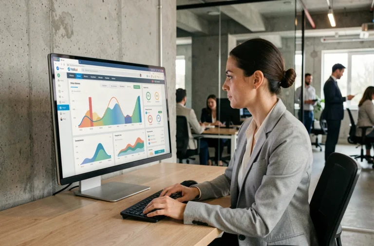 Femme analyste web examinant des tableaux de bord de statistiques de site web sur un écran d'ordinateur dans un bureau moderne