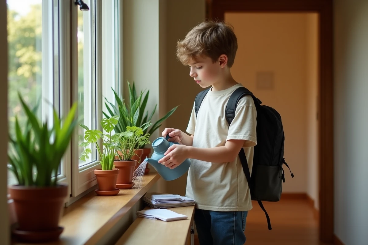 Adolescent arrosant des plantes en pot sur le rebord d'une fenêtre et relevant le courrier dans l'appartement de voisins absents