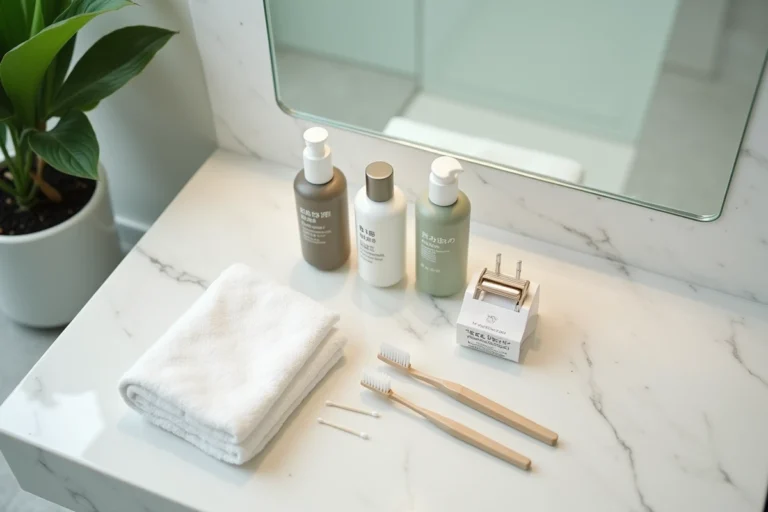 Articles de toilette d'un hôtel japonais disposés sur un marbre blanc : shampoing, revitalisant, brosse à dents et rasoir avec emballages en japonais