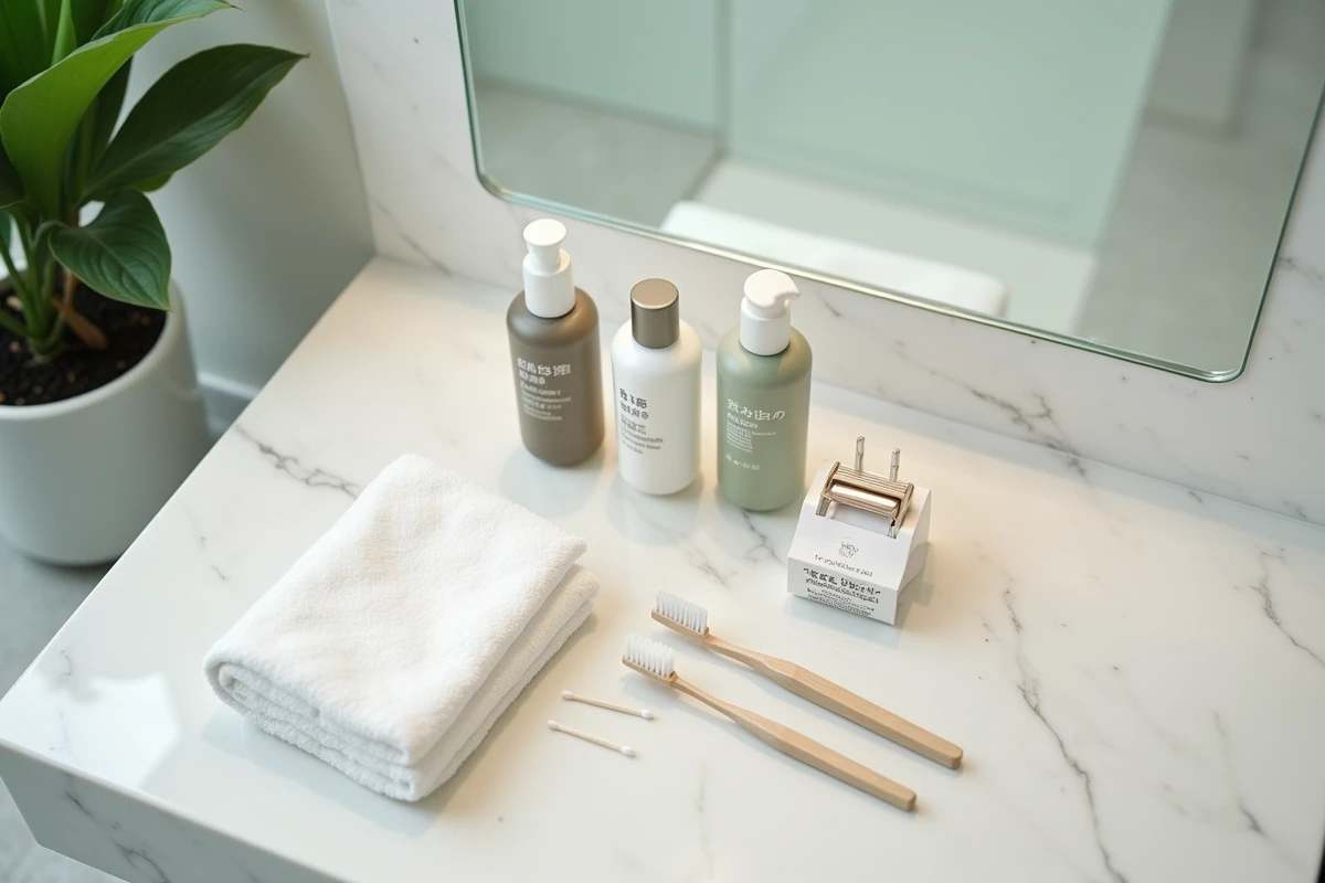 Articles de toilette d'un hôtel japonais disposés sur un marbre blanc : shampoing, revitalisant, brosse à dents et rasoir avec emballages en japonais