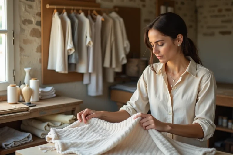 Artisane inspectant un vêtement en laine dans un atelier de production éthique, illustrant la transparence et le savoir-faire de la marque Sézane
