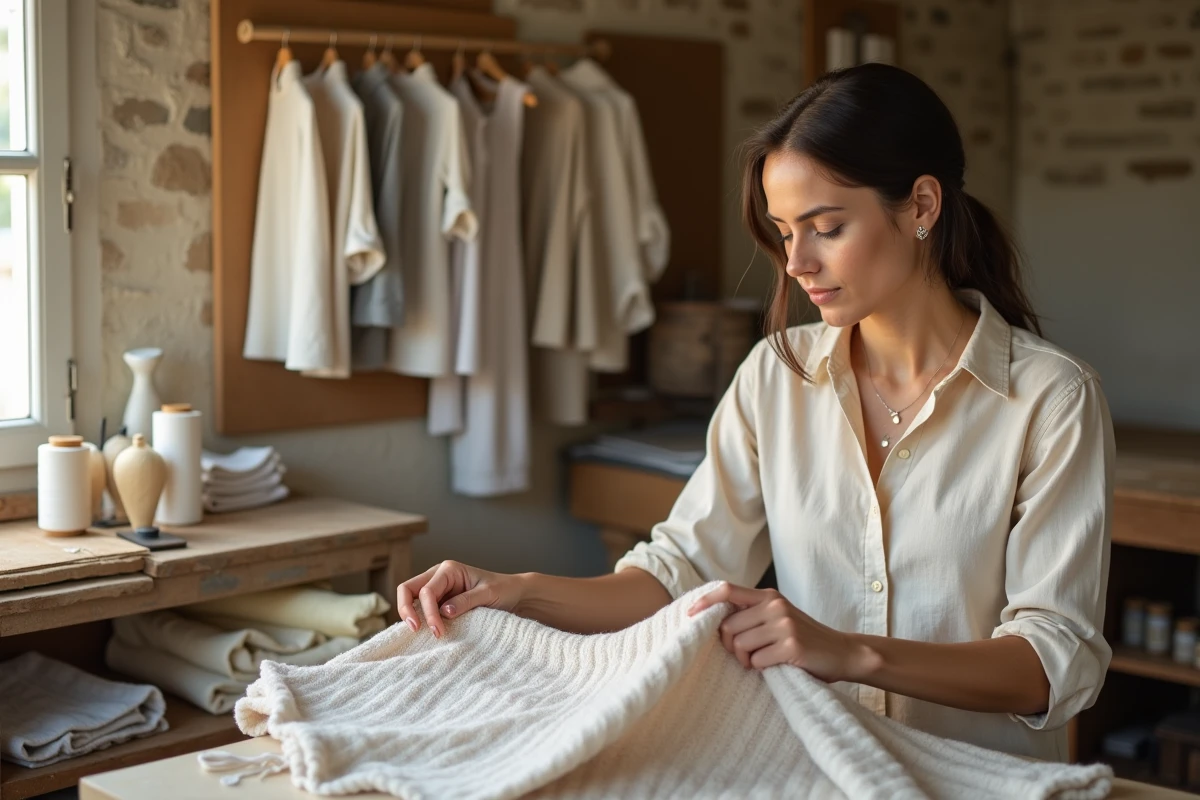 Artisane inspectant un vêtement en laine dans un atelier de production éthique, illustrant la transparence et le savoir-faire de la marque Sézane
