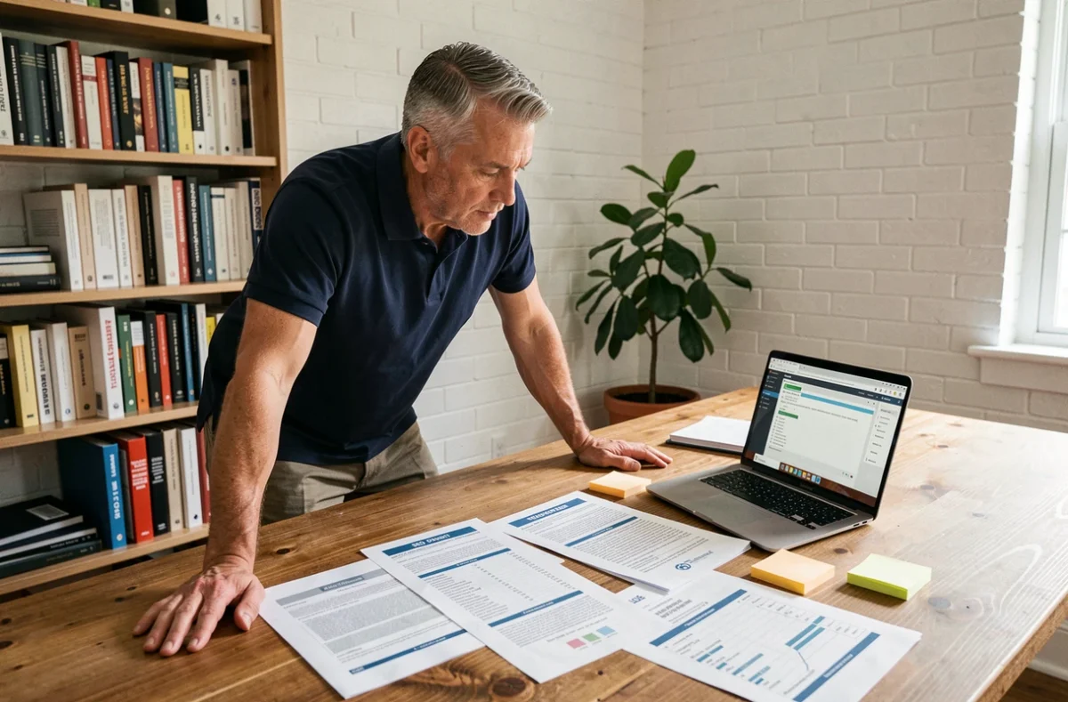 Consultant SEO senior analysant un audit complet de site web avec des rapports imprimés et un outil de crawl sur ordinateur portable