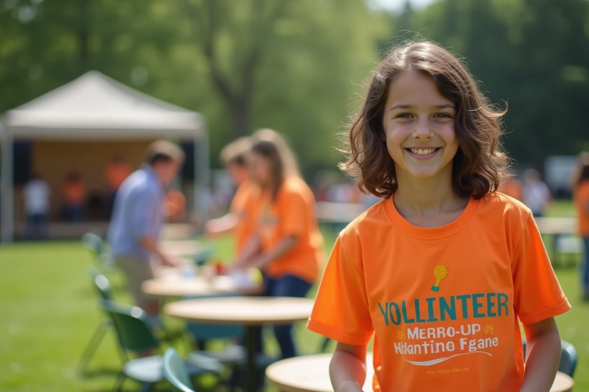 Adolescent bénévole portant un t-shirt d'événement, aidant à installer des chaises lors d'une manifestation locale en plein air