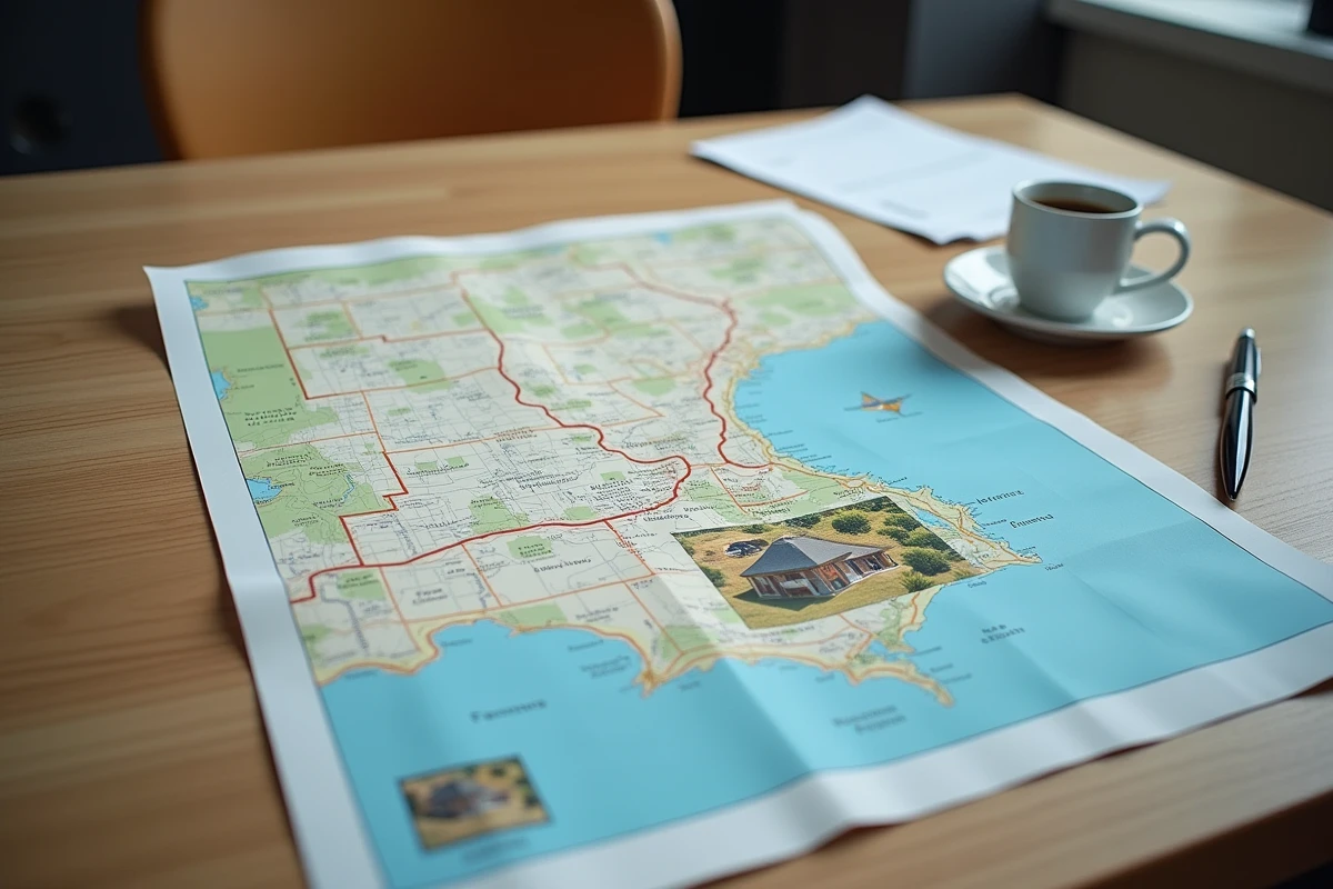Carte immobilière du Texas sur un bureau avec photo aérienne d'un domaine résidentiel isolé et documents de recherche