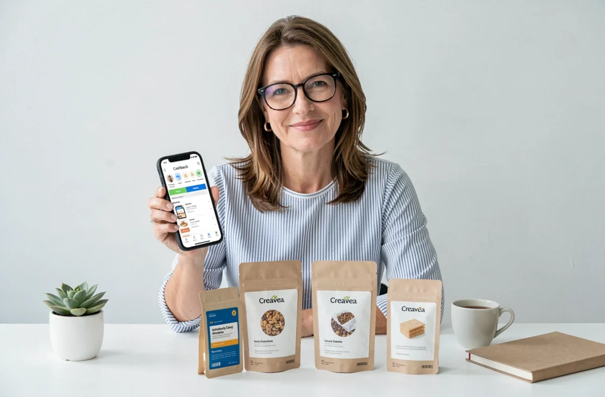 Femme utilisant une application de cashback sur smartphone à côté de commandes Creavea reçues, dans un bureau minimaliste