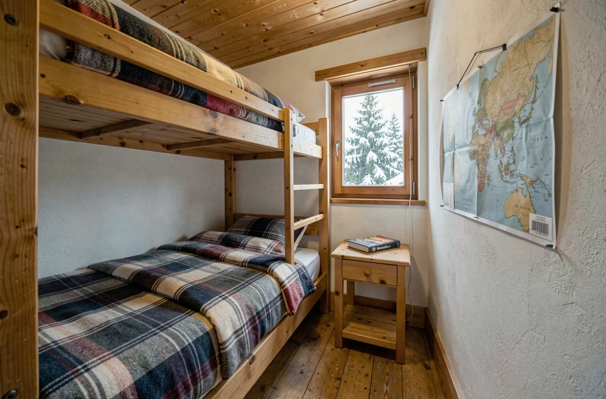 Chambre confortable dans un chalet-auberge de montagne avec lits superposés en bois et couvertures à carreaux