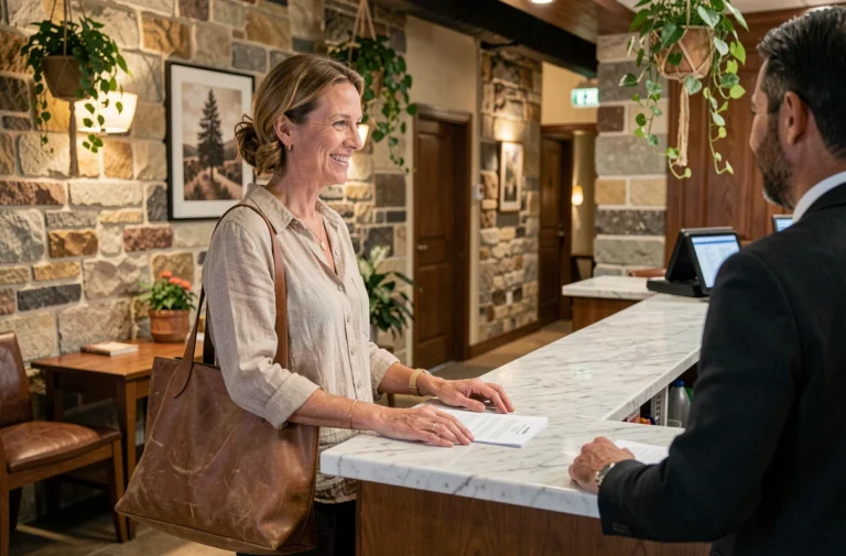 Voyageuse souriante en train de s'enregistrer à la réception d'un hôtel boutique au décor chaleureux en pierre et bois