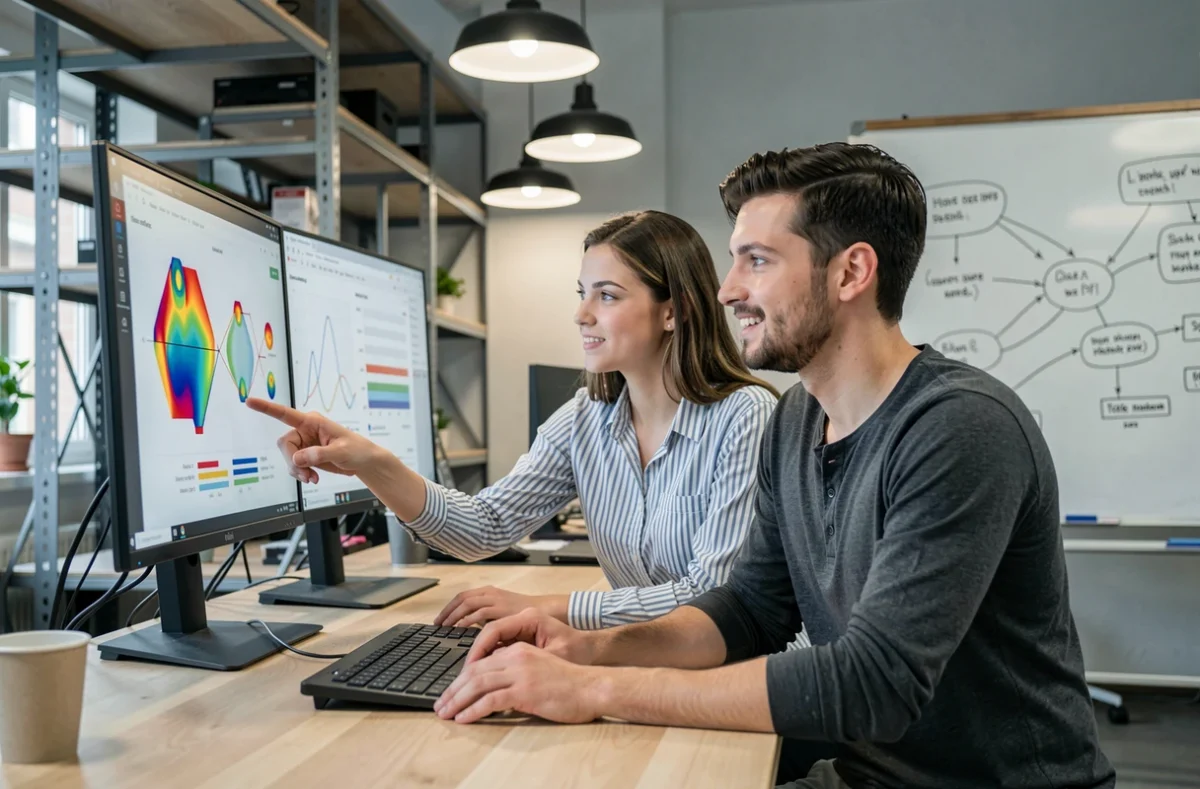 Deux professionnels du digital collaborant sur l'analyse de la performance et des parcours utilisateurs d'un site web dans un espace de travail moderne