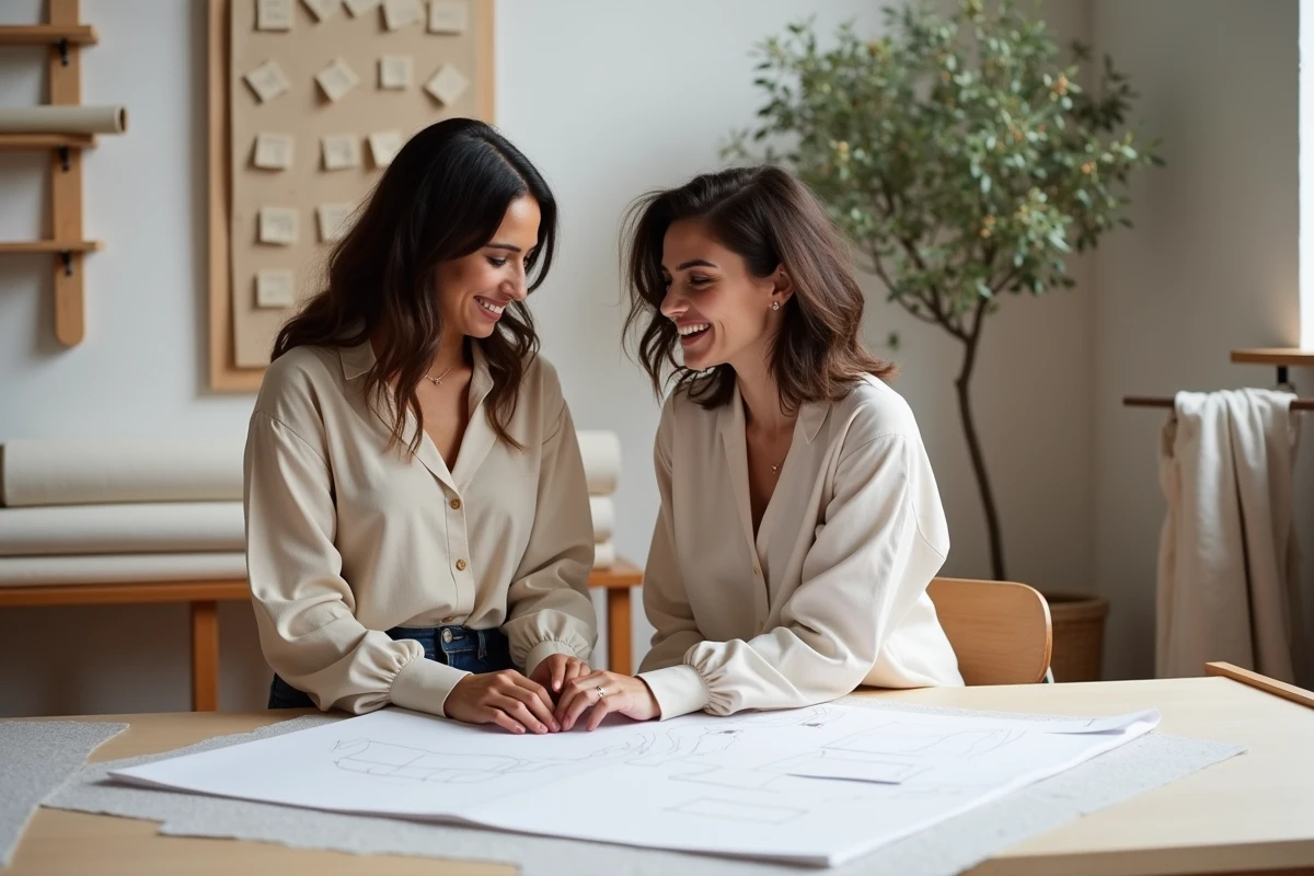 Deux créatrices collaborant sur des patrons de vêtements dans un studio de design éthique, illustrant le partenariat interculturel et les valeurs de transparence de Sézane