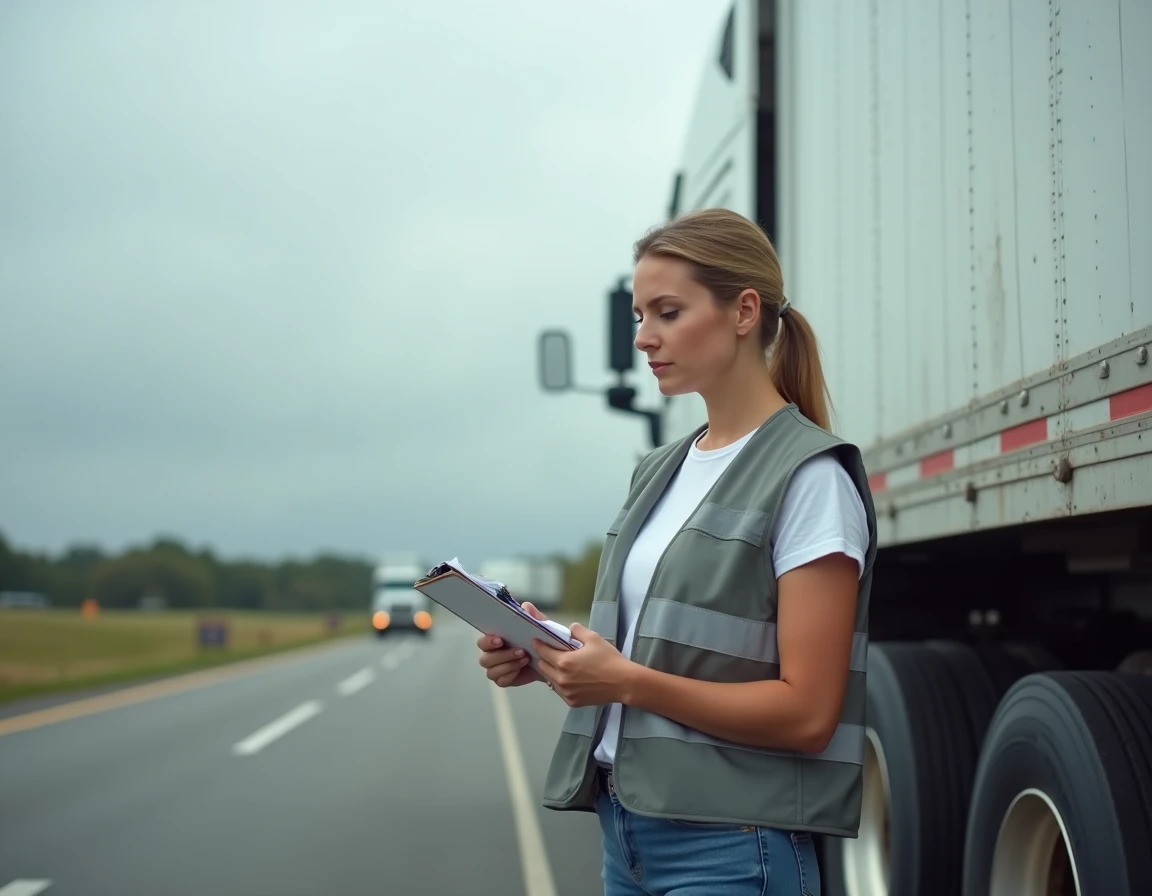 Conductrice de camion examinant un reçu de carburant et un itinéraire près d'un poids lourd sur une aire de repos autoroutière