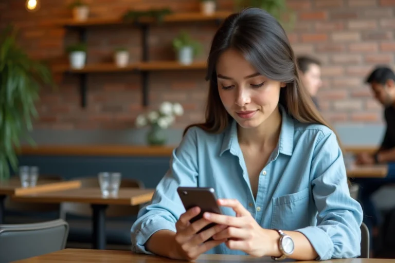Jeune femme connectant son mobile à un site de chat dans un café urbain