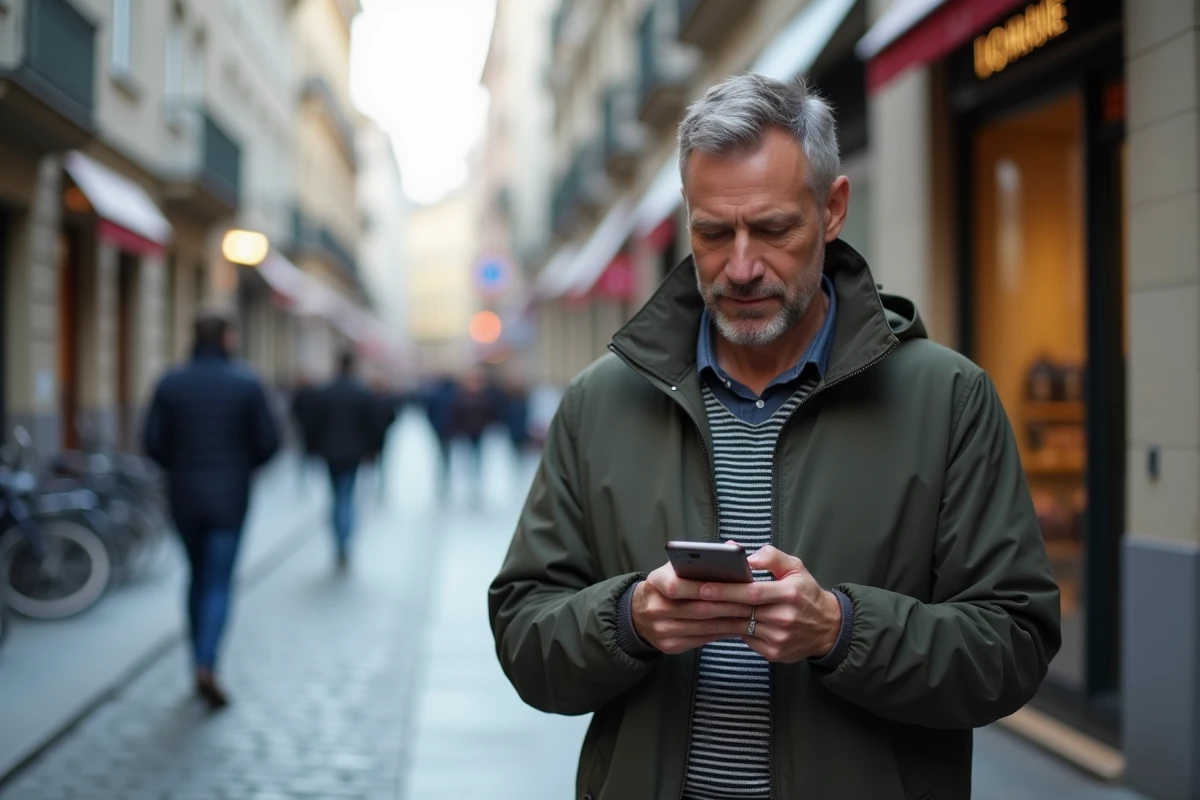 Personne consultant son téléphone mobile pour se connecter à un site dans la rue