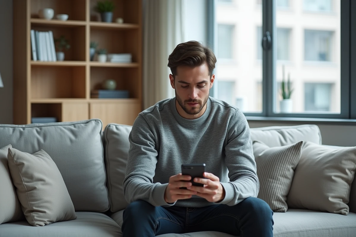 Homme utilisant son smartphone pour se connecter à un site depuis son salon