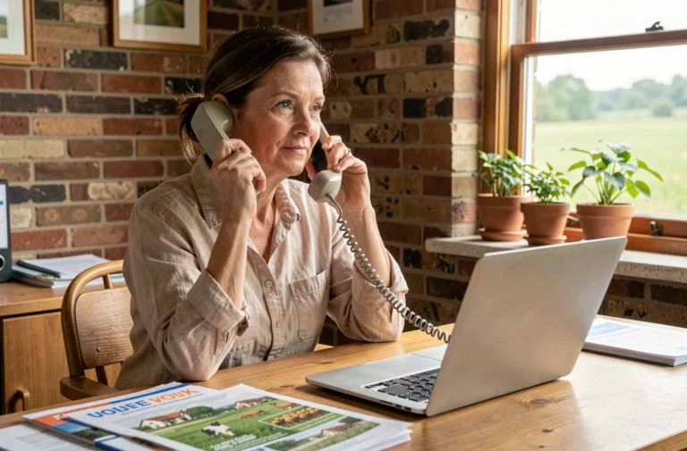 Conseillère agricole contactant un expert par téléphone dans un bureau rural entouré de documentation sur l'agriculture
