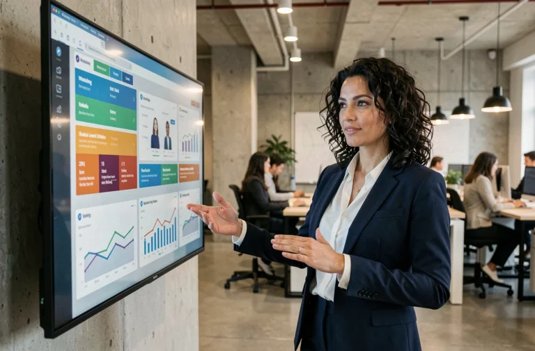 Consultante en agence digitale présentant des tableaux de bord analytiques sur un écran interactif dans un bureau moderne