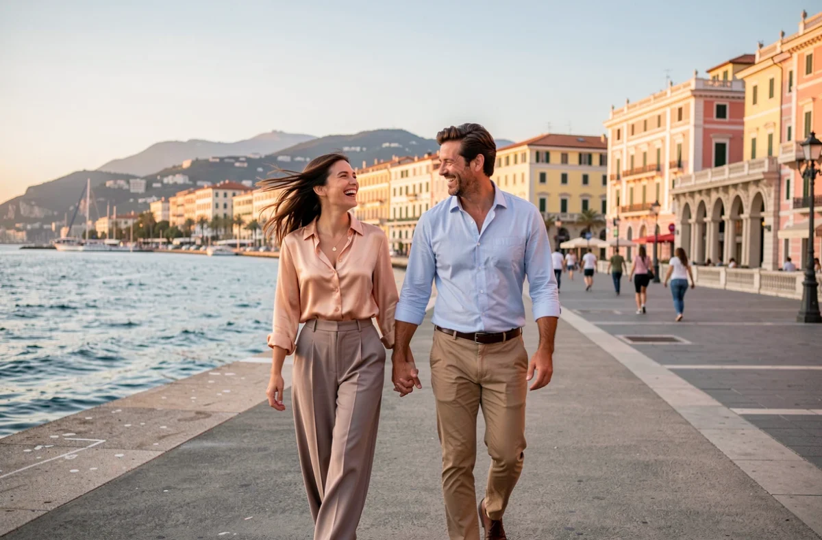 Couple se promenant main dans la main sur la Promenade des Anglais à Nice avec vue sur la Baie des Anges, idée de week-end romantique en PACA
