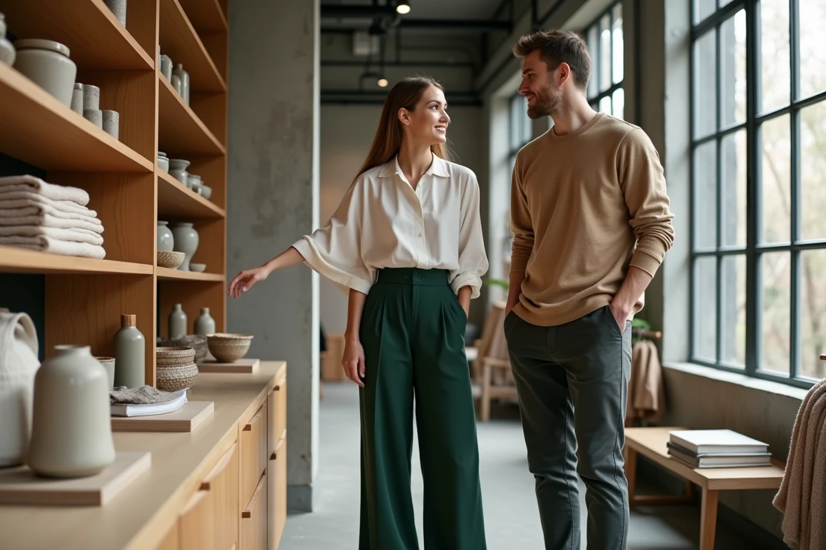 Couple stylé explorant un concept store moderne avec déco et mode tendance, ambiance lifestyle urbain élégant