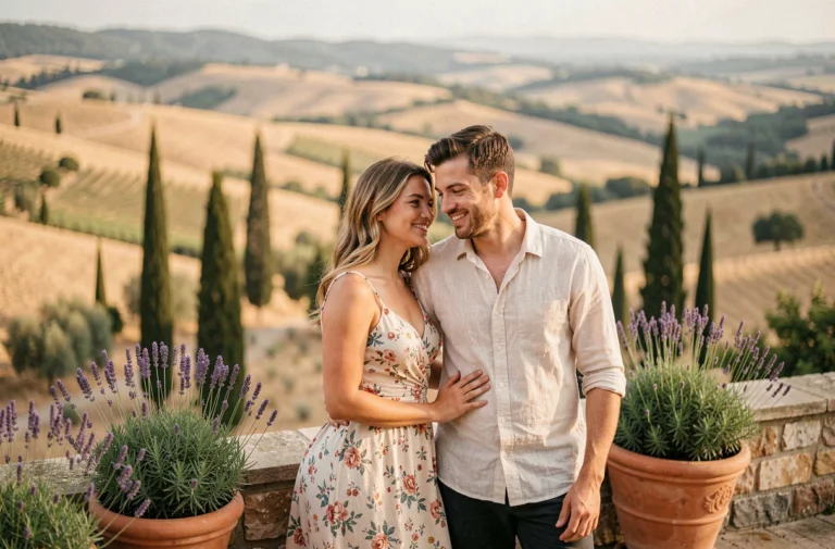 Couple romantique profitant d'une terrasse en pierre avec vue sur le Luberon en Provence, week-end romantique en PACA