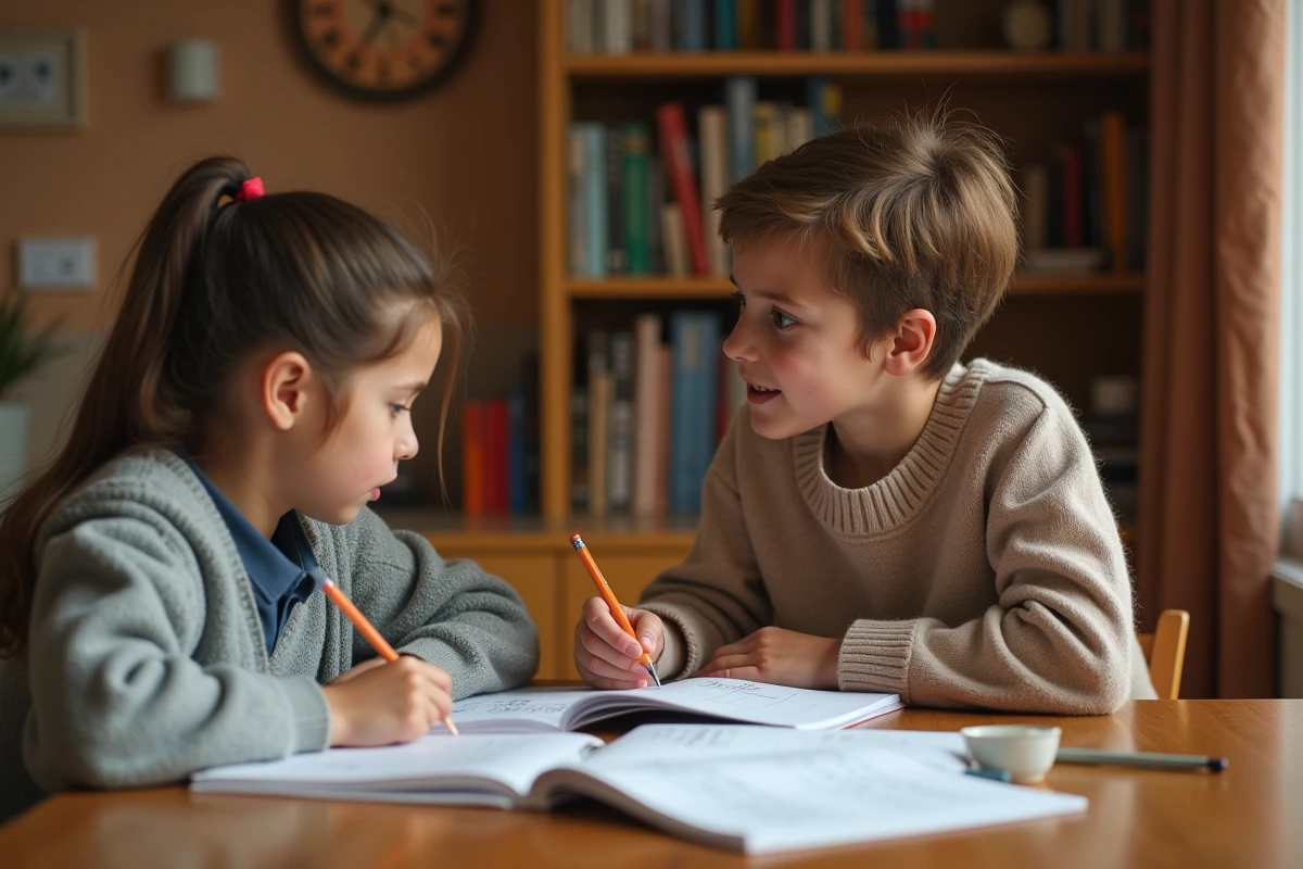Adolescent donnant un cours de soutien en mathématiques à un élève plus jeune autour d'une table avec des cahiers ouverts