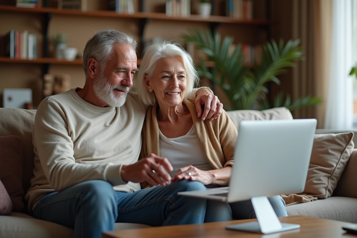 Couple consultant un ordinateur de bureau pour créer un compte MyCitya et accéder aux services municipaux