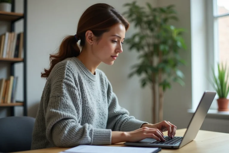 Femme créant son compte en ligne sur un ordinateur portable dans un bureau à domicile moderne