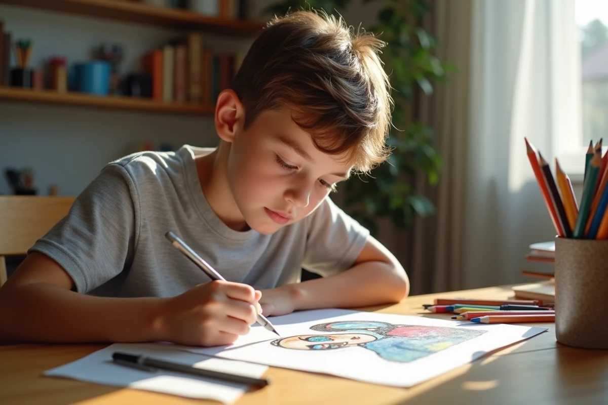 Adolescent créant une illustration colorée à la commande avec des crayons de couleur et des feutres sur un bureau artistique