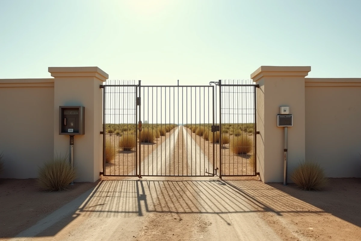 Entrée sécurisée d'une propriété privée au Texas avec portail métallique et végétation aride environnante