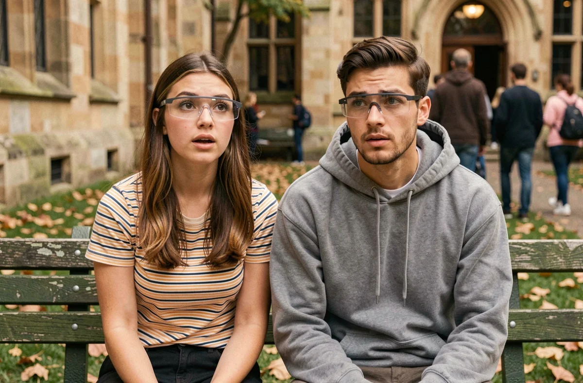 Deux étudiants portant des lunettes de réalité augmentée de nouvelle génération sur un campus universitaire en 2024