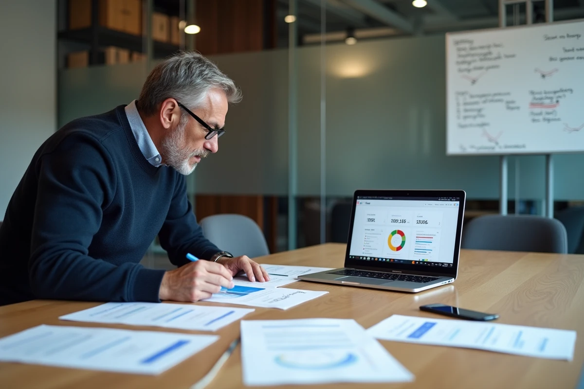 Un expert SEO masculin examinant des rapports imprimés et un ordinateur portable avec Google Search Console dans une salle de réunion professionnelle.
