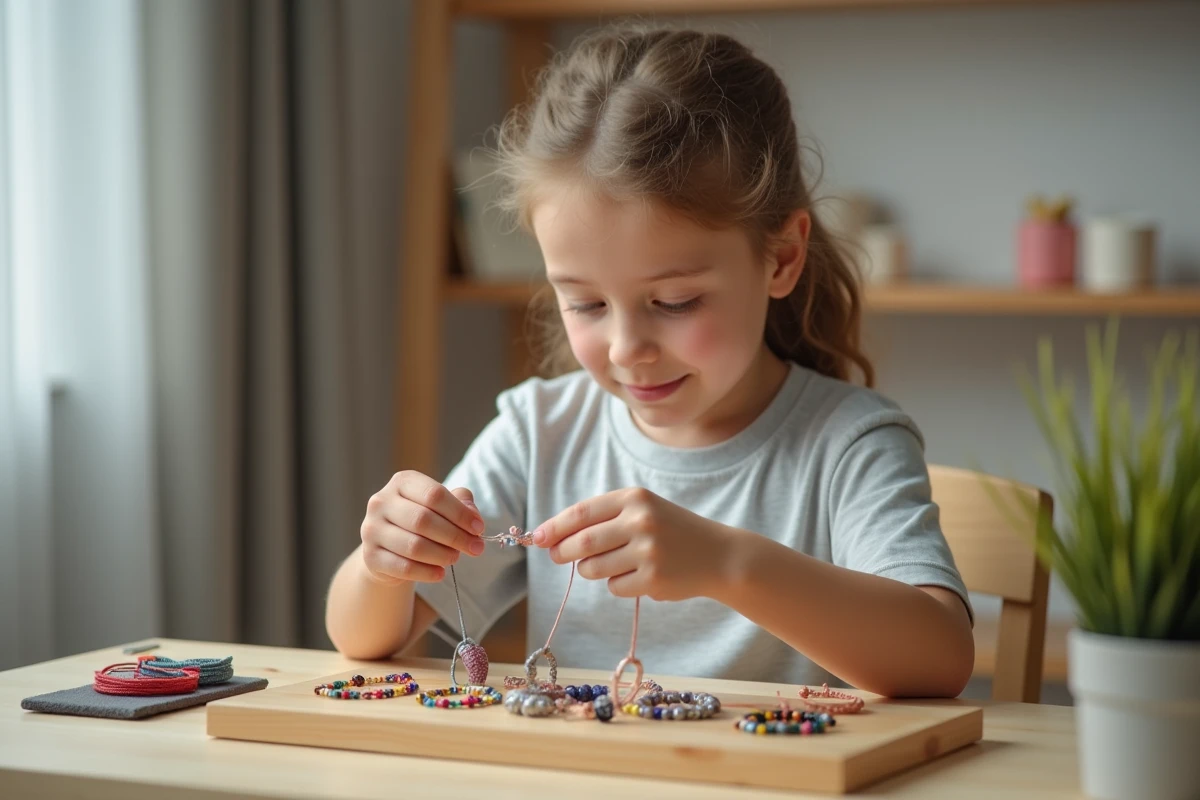 Adolescent fabriquant des bracelets colorés faits main avec des perles sur un bureau, avec des bijoux finis exposés sur un plateau