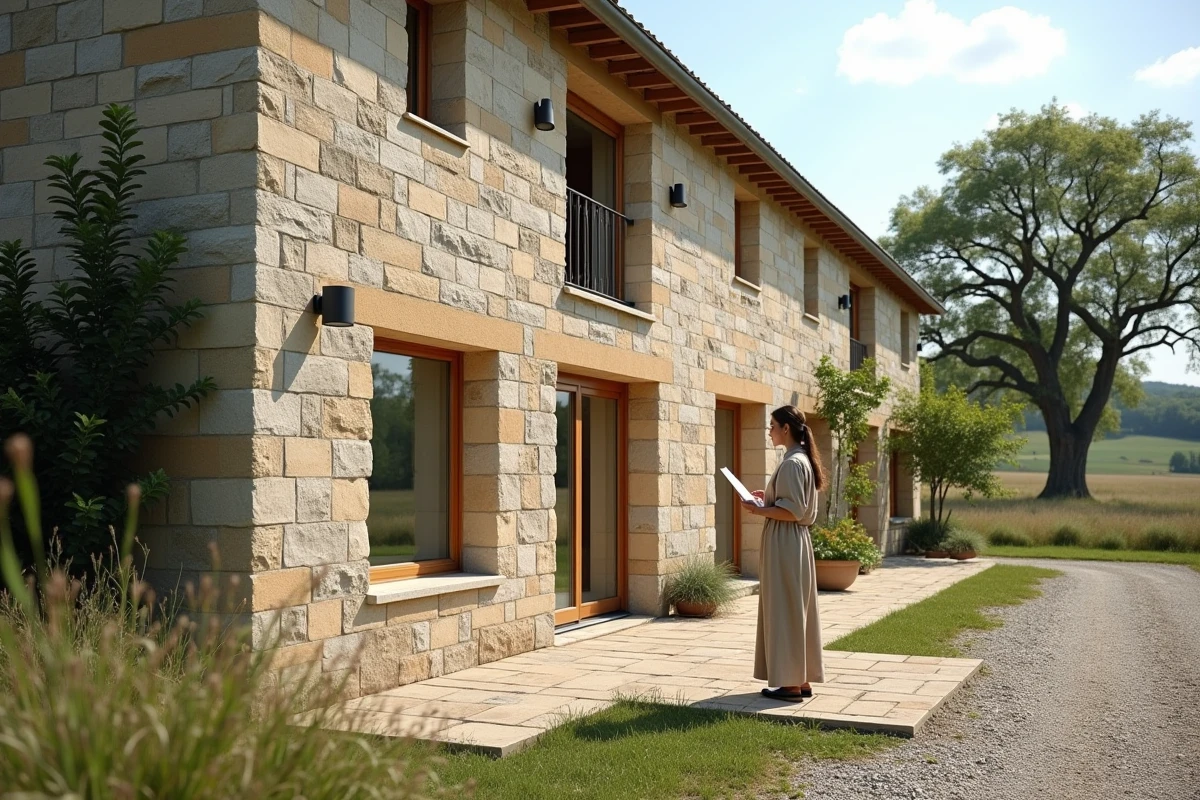 Façade d'un bâtiment agricole rénové en maison d'habitation avec fenêtres en bois et toiture en zinc, femme consultant des plans sur la terrasse en pierre