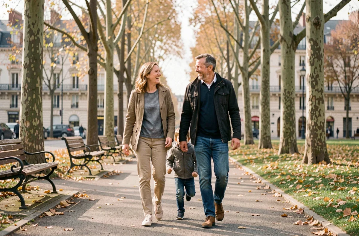 Famille se promenant dans un parc parisien en automne, scène de vie quotidienne