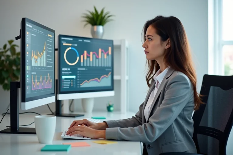 Une professionnelle analysant des tableaux de bord SEO sur deux écrans dans un bureau moderne, illustrant l'optimisation du référencement avec des outils de suivi.