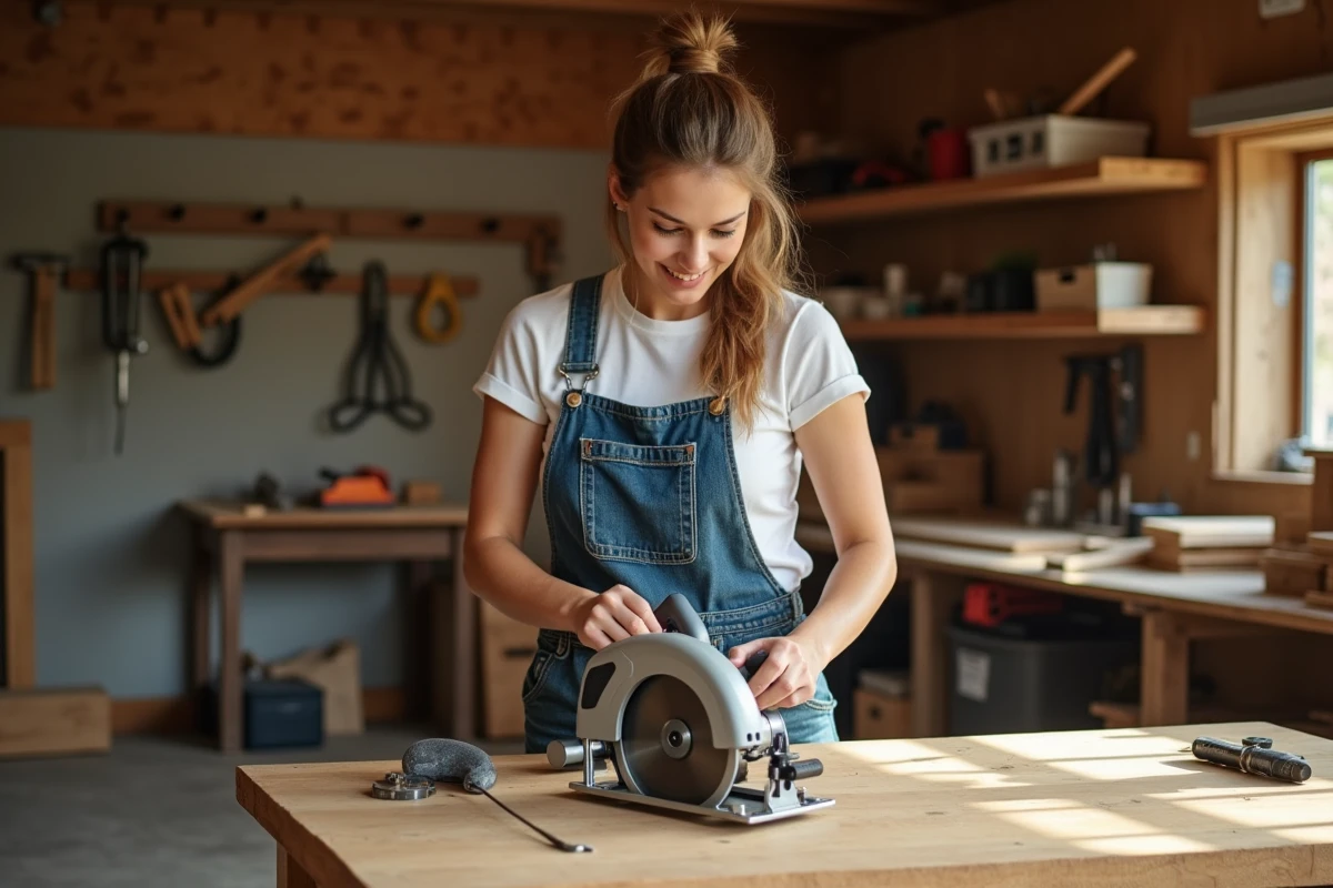 Jeune femme assemblant une scie circulaire dans un garage
