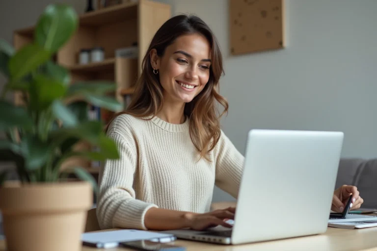 Jeune femme au bureau avec ordinateur et plantes