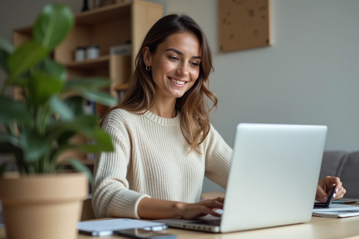 Jeune femme au bureau avec ordinateur et plantes