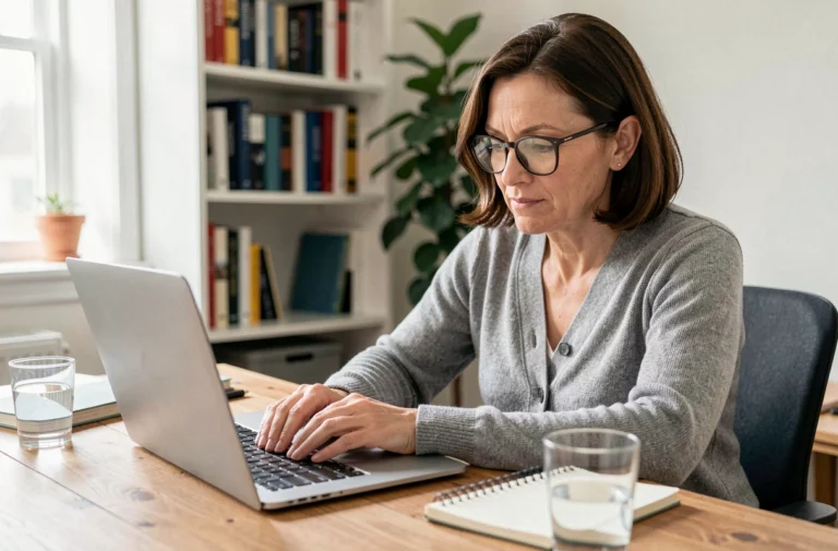 Femme consultant une plateforme de santé en ligne sur son ordinateur portable depuis son bureau à domicile