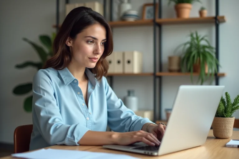 Femme consultant le site Claravox sur un ordinateur portable dans un bureau à domicile moderne