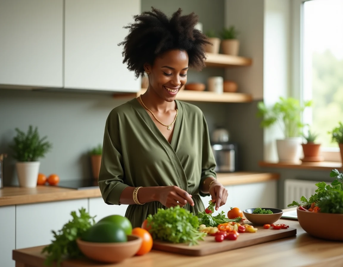 Jeune femme préparant une salade saine dans une cuisine moderne, symbolisant les habitudes alimentaires équilibrées pour s'épanouir au féminin