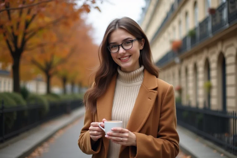 Femme élégante en manteau camel portant un café dans une rue pavée parisienne en automne, mode tendance lifestyle
