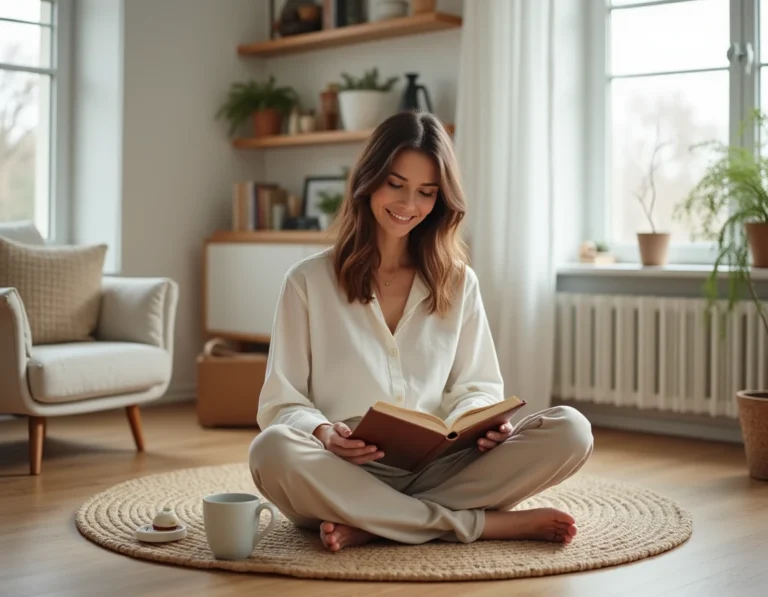 Femme épanouie lisant son journal dans un salon scandinave cosy, illustrant les conseils pour le bien-être féminin au quotidien