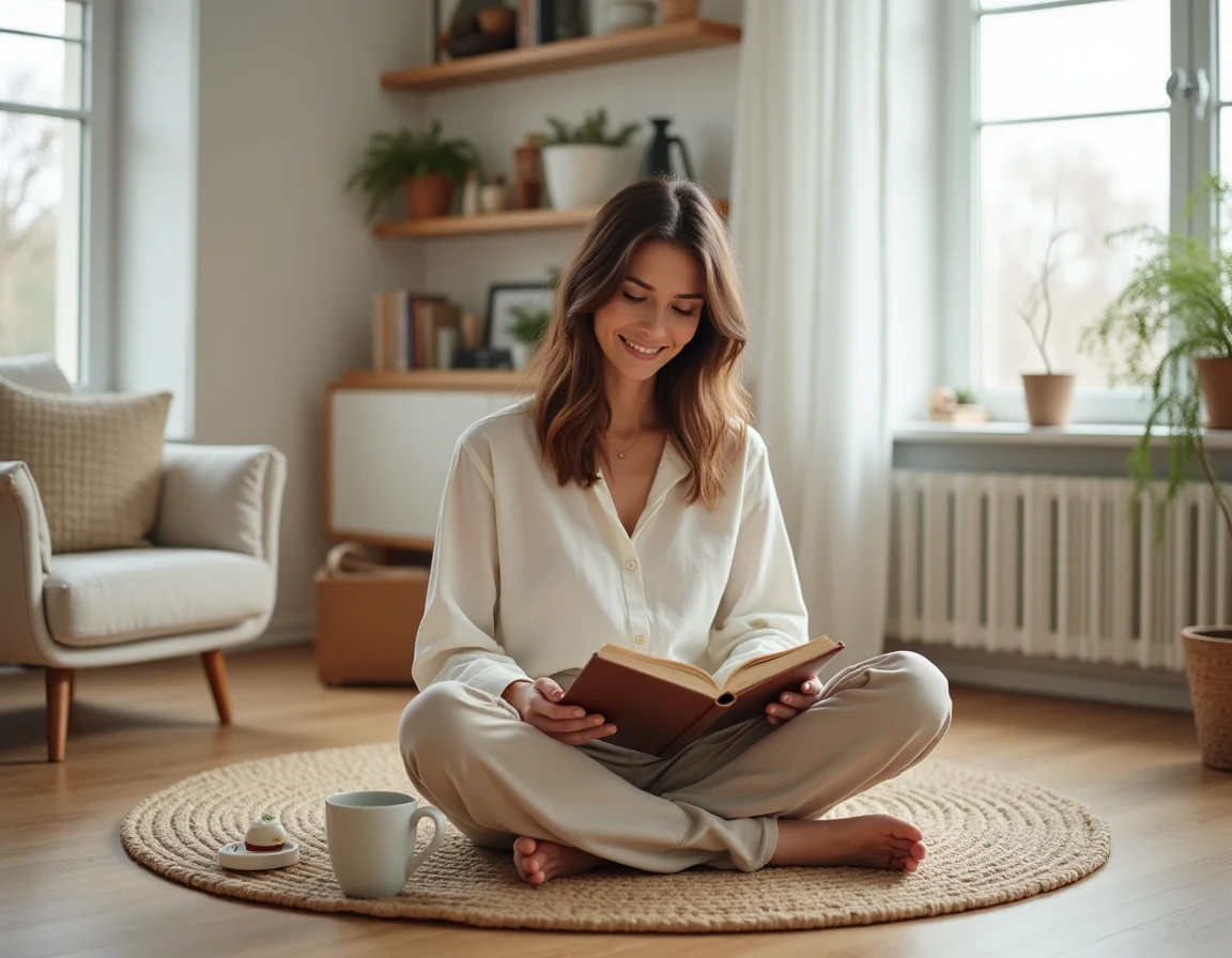 Femme épanouie lisant son journal dans un salon scandinave cosy, illustrant les conseils pour le bien-être féminin au quotidien