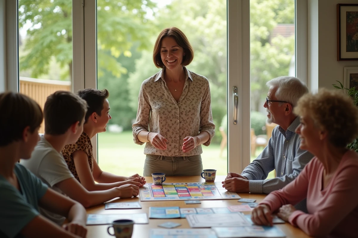 Femme expliquant un jeu de société à une famille souriante