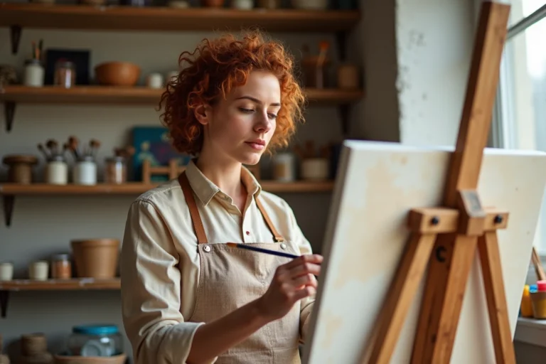 Femme adulte peignant sur une toile dans un atelier de peinture créatif à la maison, loisir artistique
