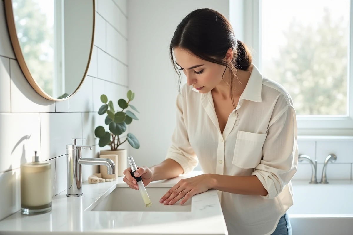 Femme arrangeant des produits de beauté minimalistes sur une coiffeuse en marbre dans une salle de bain scandinave, routine beauté tendance